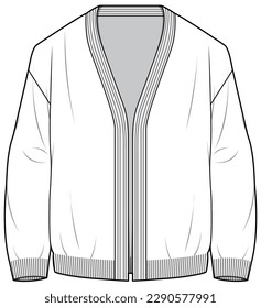 mens long sleeve drop shoulder cardigan flat sketch vector illustration technical cad drawing template