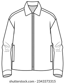 mens long sleeve drop shoulder zip up collared shirt jacket flat sketch vector illustration technical cad drawing template