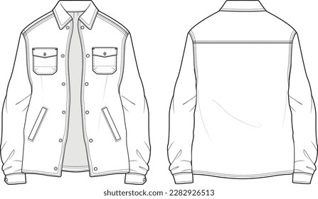 Men's Long sleeve Flannel shirt flat sketch illustration front and back view, double patch pocket long sleeve denim shirt jacket for casual wear fashion illustration template mock up