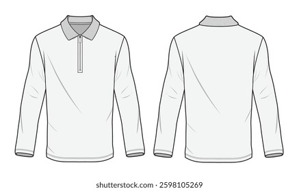 Men's long sleeve half zip polo shirt vector design mockup template technical flat drawing.