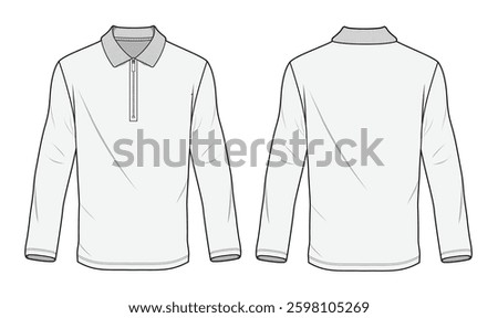 Men's long sleeve half zip polo shirt vector design mockup template technical flat drawing.