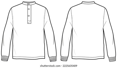 Men's long sleeve Hanley neck T Shirt flat sketch fashion illustration drawing template mock up with front and back view