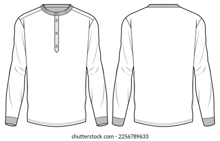 Dibujo plano de la ilustración de la moda de la camiseta de cuello de la Hanley de la manga larga de los hombres se burla de la vista frontal y trasera. Dibujo de cad de camisetas de cuello de Henley Crew