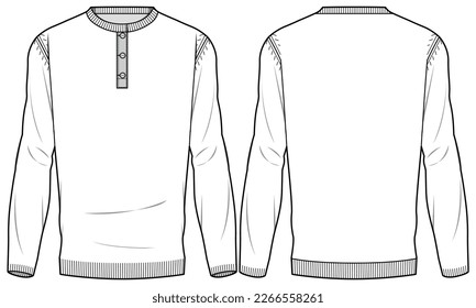 Men's long sleeve Hanley neck T Shirt flat sketch fashion illustration drawing template mock up with front and back view. Henley Crew neck band collar t-shirt cad drawing