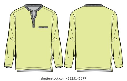 Dibujo plano de la ilustración de la moda de la camiseta de cuello de la Hanley de la manga larga de los hombres se burla de la vista frontal y trasera. Dibujo de cad de camisetas de cuello de Henley Crew