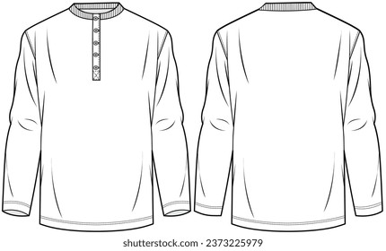 mens funda de manga larga henley t camisa plana boceto vectorial ilustración de cara y espalda mofa cuello de manga completa camiseta técnica de dibujo cad