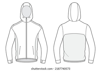 mens long sleeve hoodie jacket flat sketch vector illustration. jogging, running, cycling sports activities front and back apparel template