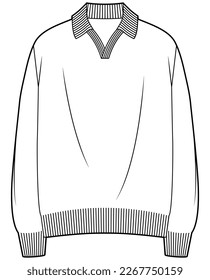 mens long sleeve knitted polo t shirt flat sketch vector technical cad drawing template