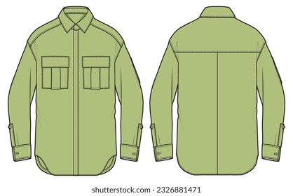 Manga larga de los hombres Camisa militar dibujo plano ilustración vista frontal y trasera, doble parche bolsillo de manga larga vara camisa chaqueta para uso casual modelo de ilustración de moda maqueta