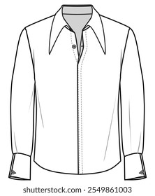 mens long sleeve point collar hidden placket shirt flat sketch vector illustration technical cad drawing template