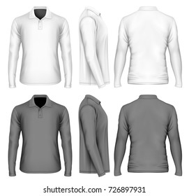 Men's long sleeve polo-shirt front, back and side views. Standard classic three buttons plaquet polo collar. Black and white variants. Vector illustration.