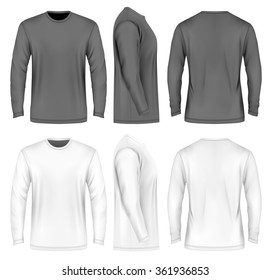 Men's long sleeve t-shirt (front, side and back views). Vector illustration. Fully editable handmade mesh. Black and white variants.