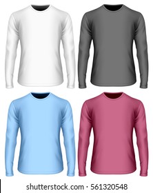 Men's long sleeve t-shirt (front view). Black, white and color variants of long-sleeved t shirt. Vector illustration. Fully editable handmade mesh.