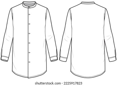 Mens long sleeve tunic shirt flat sketch illustration drawing, Band collar mens kurtha shirt for casual wear and ethnic wear fashion illustration template mock up, Mandarin collar Woven shirt