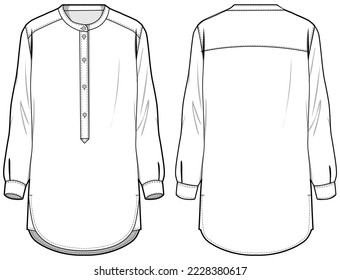 Mens long sleeve tunic shirt flat sketch illustration drawing, Band collar mens kurtha shirt for casual wear and ethnic wear fashion illustration template mock up, Mandarin collar Woven shirt