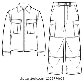 mens long sleeve zip up boxy jacket and wide leg baggy cargo trouser flat sketch vector illustration technical cad drawing template