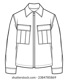 mens long sleeve zipper front utility jacket flat sketch vector illustration technical cad drawing template