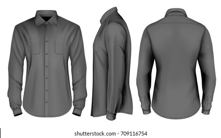 Men's Long Sleeved Formal Button Down Shirts Front, Side And Back Views. Vector Illustration.