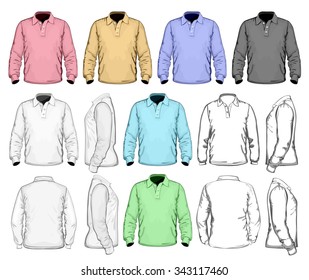 Men's long sleeved polo-shirt. Vector illustration.  Different variants: detailed, simple and color vector  illustrations.