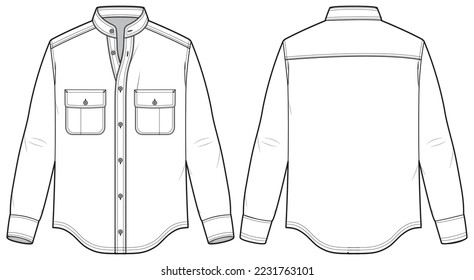 Men's long sleeves band collar Casual shirt flat sketch illustration front and back view, Mandarin collar Woven shirt for formal wear and casual wear fashion illustration template mock up