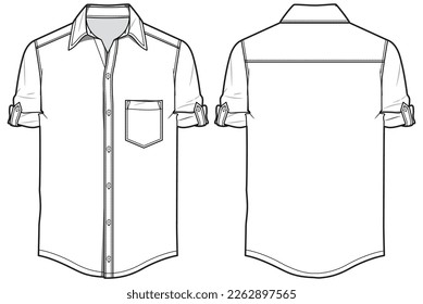 Camisa casual de mangas largas para hombres con diseño de tabulación de manga dibujo plano dibujo de cad, manga corta Moda de ilustración de la camiseta tejida