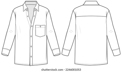 Men's long sleeves formal shirt flat sketch illustration cad drawing, Woven shirt for formal wear and casual wear fashion illustration template mock up