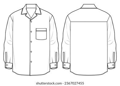 Men's long sleeves formal shirt flat sketch illustration cad drawing, Woven shirt for formal wear and casual wear fashion illustration template mock up