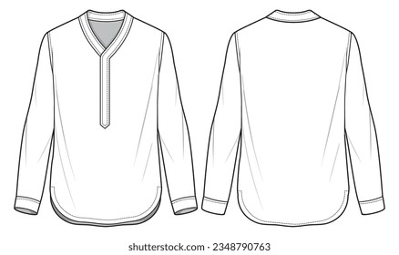 Men's long sleeves popover shirt flat sketch illustration front and back view, Mandarin collar Woven shirt for ethinic wear and casual wear fashion illustration template mock up