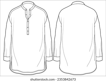 Men's long sleeves popover shirt flat sketch illustration front and back view, Mandarin collar Woven Tunic shirt for ethinic wear and casual wear fashion illustration template mock up