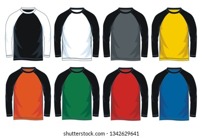 Men's long sleeves raglan round neck t-shirt templates, 
Front views. Vector illustration. colorful variants.