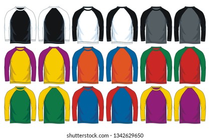 Men's long sleeves raglan round neck t-shirt templates, 
Front and back views. Vector illustration. colorful variants.