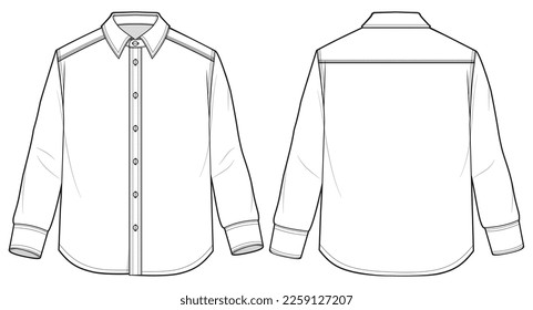 Men's long sleeves regular fit formal shirt flat sketch illustration with front and back view, Woven shirt for formal wear and casual wear fashion illustration template mock up