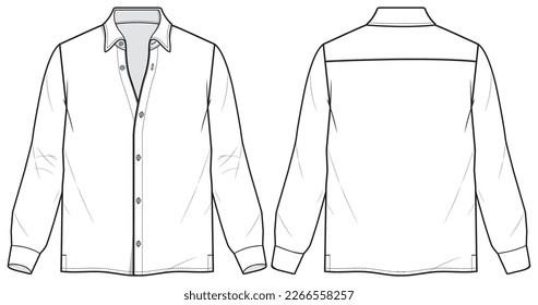 Ilustración de dibujo plano de la camiseta de forma regular de mangas largas para hombres con vista frontal y trasera, maqueta tejida para uso formal y plantilla de ilustración de moda de desgaste casual se burlan