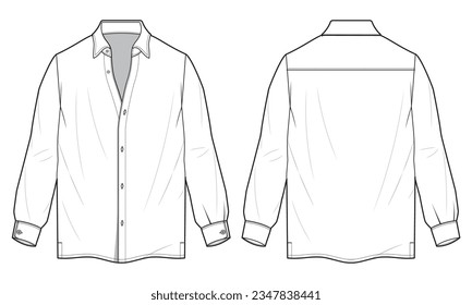 Herrenlange Ärmel passen regelmäßig zu formaler Shirt-Flachsketch-Illustration mit Vorder- und Rückansicht, Woven-Shirt für formalen Verschleiß und Casual-Kleidung-Modegrafik-Vorlage aufstöcken