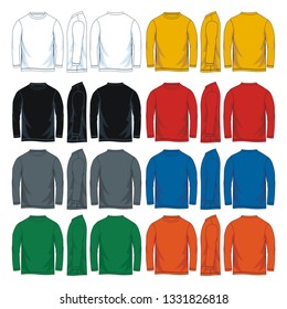 Men's long sleeves round neck t-shirt templates, Front, side and back views. Colorful variants. Vector illustration.