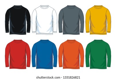 Men's long sleeves round neck t-shirt templates, Front views. Colorful variants. Vector illustration.