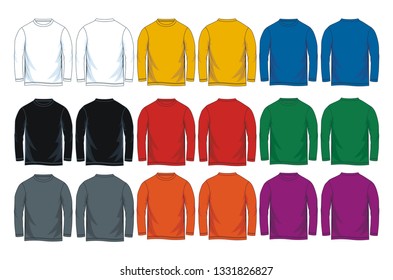 Men's long sleeves round neck t-shirt templates, Front and back views. Colorful variants. Vector illustration.