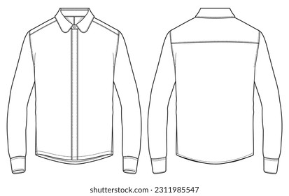 Men's long sleeves slim fit formal shirt flat sketch illustration with front and back view, Woven french placket shirt for formal wear hidden placket shirt cad drawing illustration template mock up