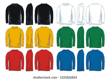 Men's long sleeves t-shirt templates, Front, side and back views. Colorful variants. Vector illustration.