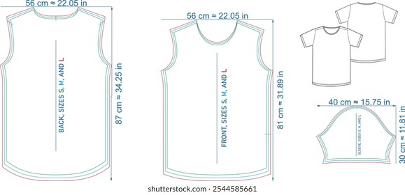 Men's longline t-shirt block pattern in three sizes small, medium, and large.