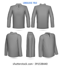 Mens Longsleeve Polo. Front, Back, 3/4, side, 1/4. Vector