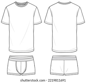 Mens lounge T Shirt and boxer brief short set flat sketch illustration front and back view, Set of sleepwear trunk short sleepwear pajama set fashion illustration vector template mock up