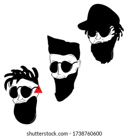 Men's male faces with beard glasses dreadlocks cap Hipster logo icon sign Cartoon design Fashion print clothes apparel greeting invitation card picture banner badge book poster flyer websites Vector