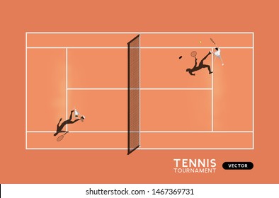 Men's match of tennis on a clay court. Top down view of the sport, vector illustration.