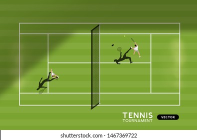 Men's match of tennis on a grass court. Top down view of the sport, vector illustration.