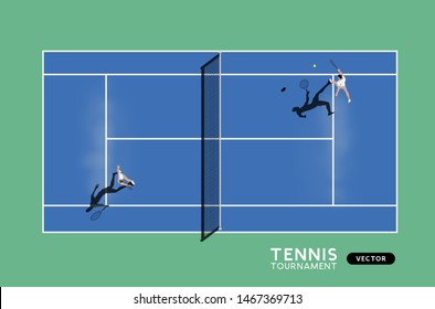 Men's match of tennis on a hard court. Top down view of the sport, vector illustration.