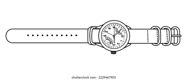 Men's mechanical watch isolated on white background. Clock with calendar function - date, day of the week and month. Outline vector doodle illustration.