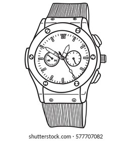 Men's mechanical watch isolated on white background. Vector doodle illustration