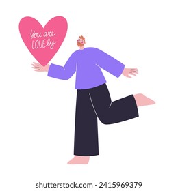 Men's mental health. Self love and self acceptance. Mental health concept. Happy man with a heart in his hand. St Valentine Day celebration