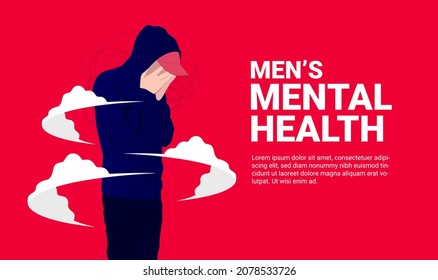 Mens mental health - Vector illustration of young man with cap holding hands over face suffering from depression.